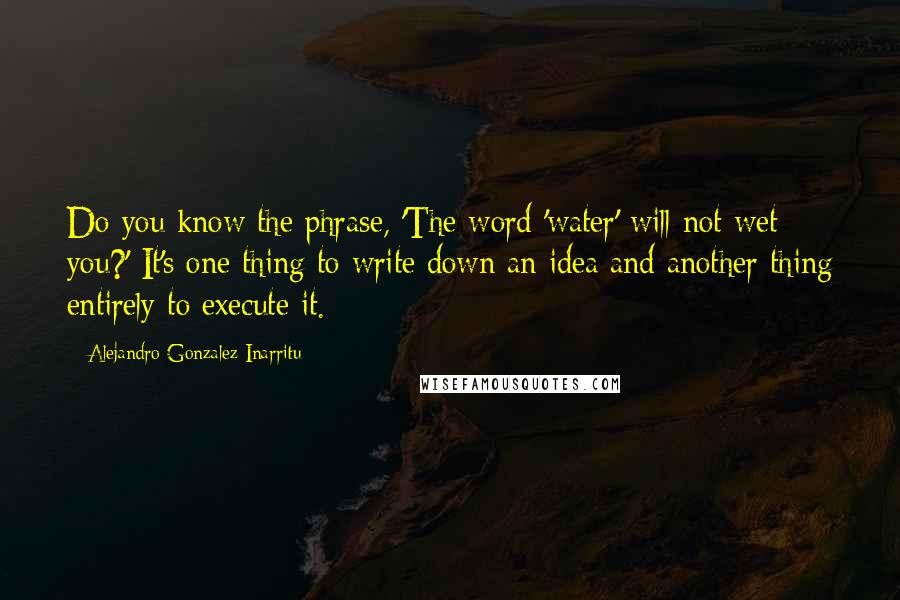 Alejandro Gonzalez Inarritu Quotes: Do you know the phrase, 'The word 'water' will not wet you?' It's one thing to write down an idea and another thing entirely to execute it.