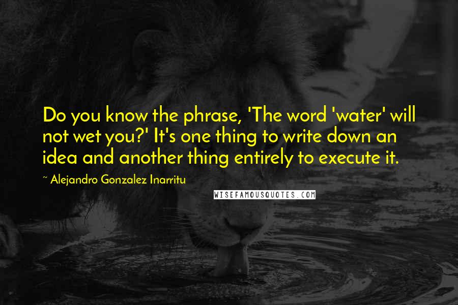 Alejandro Gonzalez Inarritu Quotes: Do you know the phrase, 'The word 'water' will not wet you?' It's one thing to write down an idea and another thing entirely to execute it.