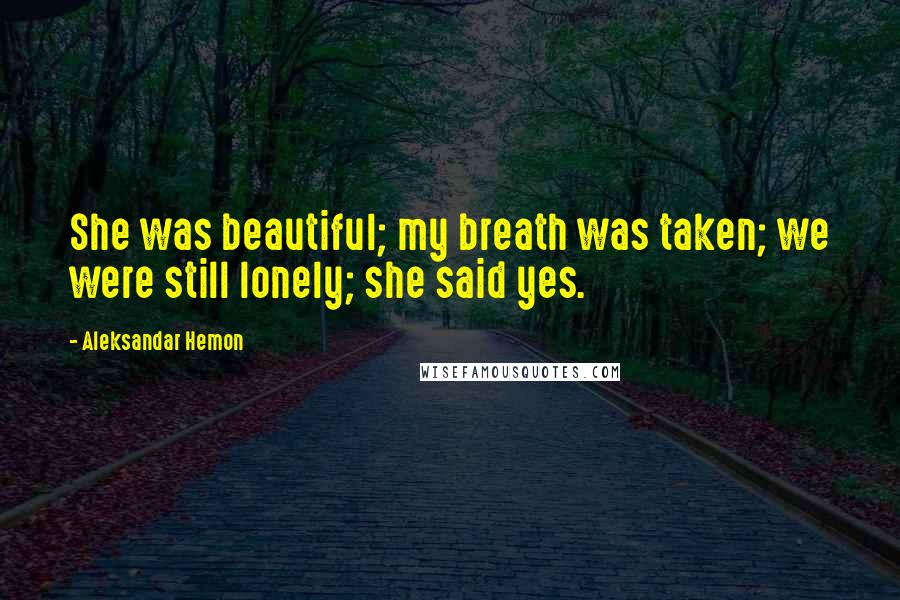 Aleksandar Hemon Quotes: She was beautiful; my breath was taken; we were still lonely; she said yes.