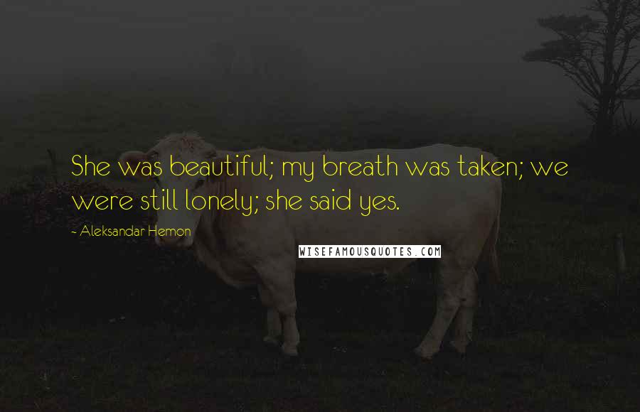 Aleksandar Hemon Quotes: She was beautiful; my breath was taken; we were still lonely; she said yes.