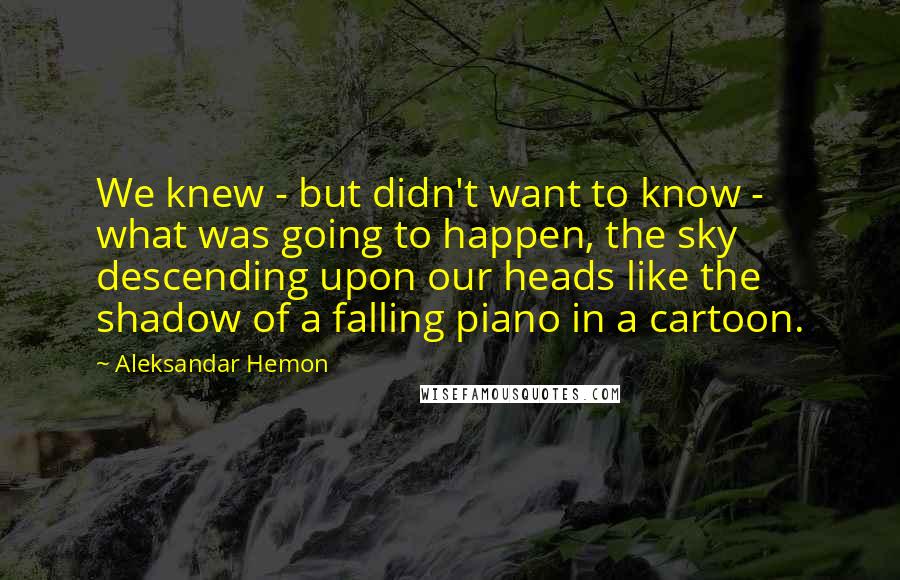 Aleksandar Hemon Quotes: We knew - but didn't want to know - what was going to happen, the sky descending upon our heads like the shadow of a falling piano in a cartoon.