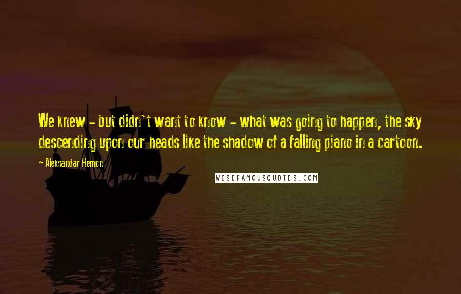 Aleksandar Hemon Quotes: We knew - but didn't want to know - what was going to happen, the sky descending upon our heads like the shadow of a falling piano in a cartoon.