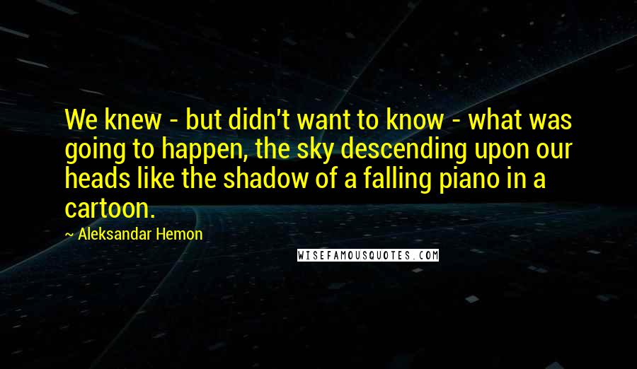 Aleksandar Hemon Quotes: We knew - but didn't want to know - what was going to happen, the sky descending upon our heads like the shadow of a falling piano in a cartoon.