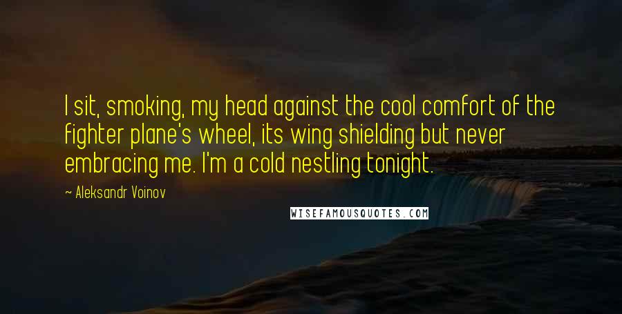 Aleksandr Voinov Quotes: I sit, smoking, my head against the cool comfort of the fighter plane's wheel, its wing shielding but never embracing me. I'm a cold nestling tonight.