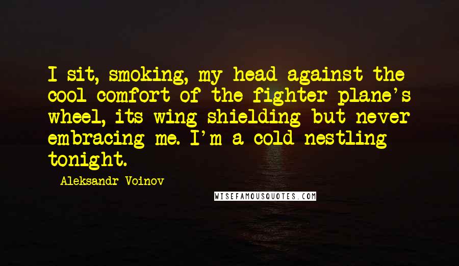 Aleksandr Voinov Quotes: I sit, smoking, my head against the cool comfort of the fighter plane's wheel, its wing shielding but never embracing me. I'm a cold nestling tonight.