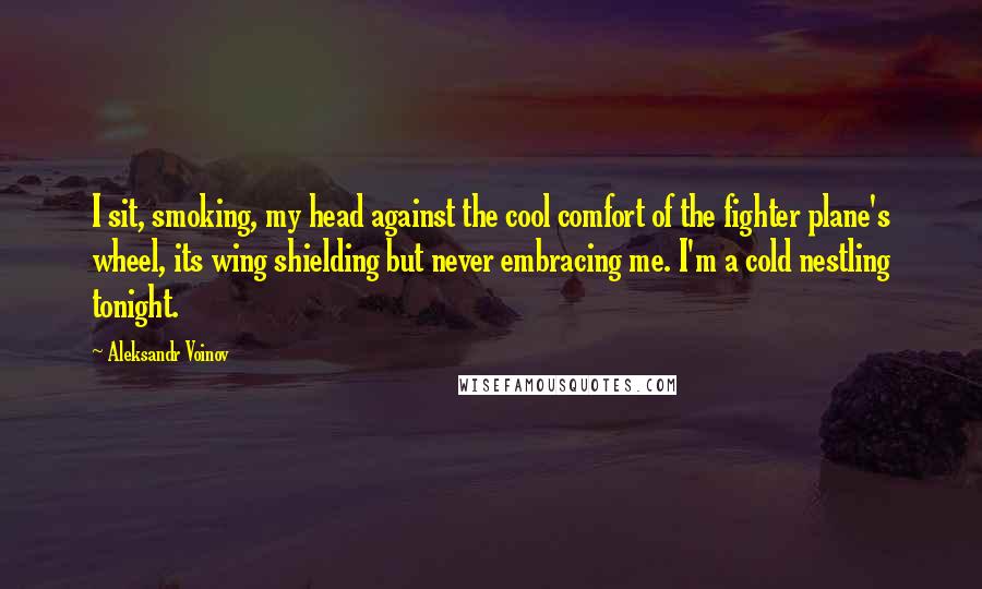 Aleksandr Voinov Quotes: I sit, smoking, my head against the cool comfort of the fighter plane's wheel, its wing shielding but never embracing me. I'm a cold nestling tonight.