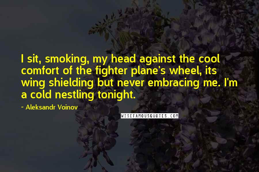 Aleksandr Voinov Quotes: I sit, smoking, my head against the cool comfort of the fighter plane's wheel, its wing shielding but never embracing me. I'm a cold nestling tonight.