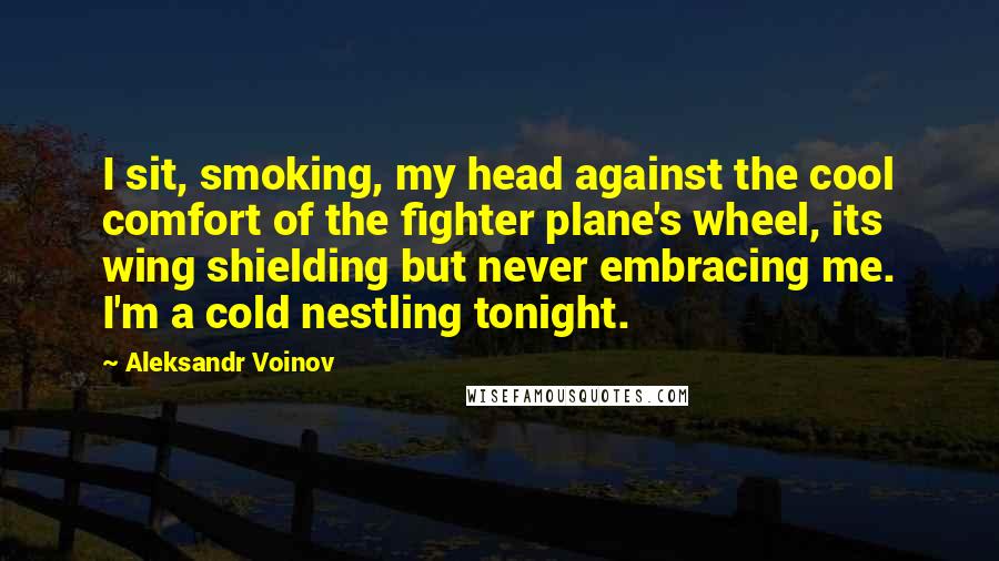 Aleksandr Voinov Quotes: I sit, smoking, my head against the cool comfort of the fighter plane's wheel, its wing shielding but never embracing me. I'm a cold nestling tonight.