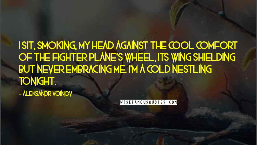 Aleksandr Voinov Quotes: I sit, smoking, my head against the cool comfort of the fighter plane's wheel, its wing shielding but never embracing me. I'm a cold nestling tonight.