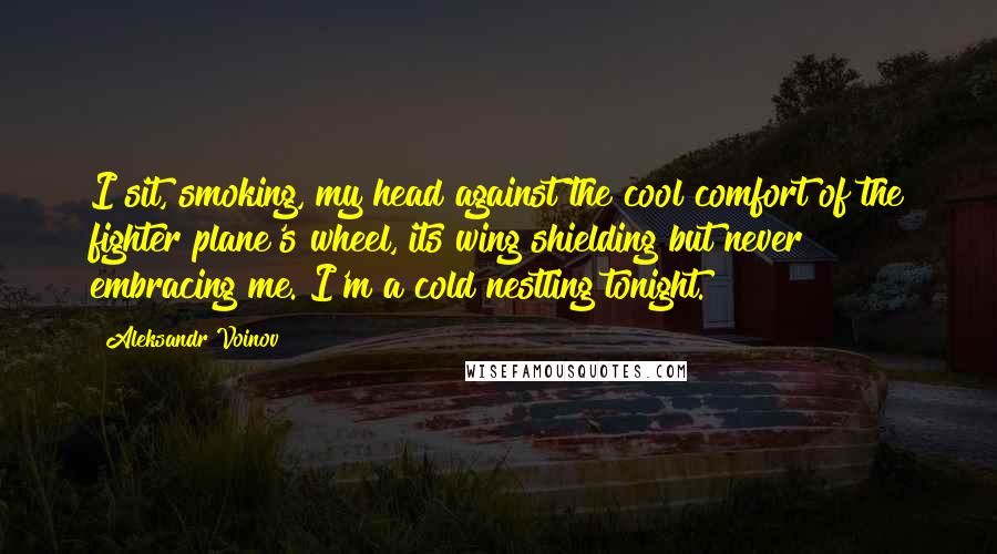 Aleksandr Voinov Quotes: I sit, smoking, my head against the cool comfort of the fighter plane's wheel, its wing shielding but never embracing me. I'm a cold nestling tonight.