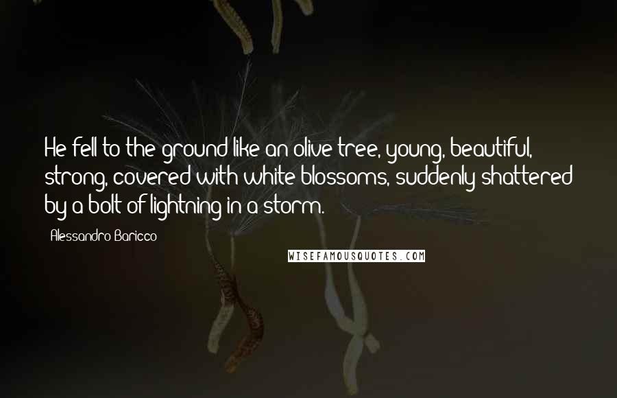 Alessandro Baricco Quotes: He fell to the ground like an olive tree, young, beautiful, strong, covered with white blossoms, suddenly shattered by a bolt of lightning in a storm.