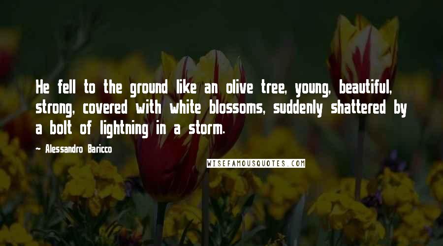 Alessandro Baricco Quotes: He fell to the ground like an olive tree, young, beautiful, strong, covered with white blossoms, suddenly shattered by a bolt of lightning in a storm.