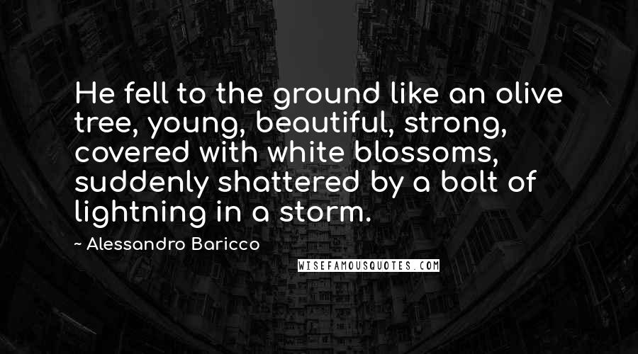 Alessandro Baricco Quotes: He fell to the ground like an olive tree, young, beautiful, strong, covered with white blossoms, suddenly shattered by a bolt of lightning in a storm.