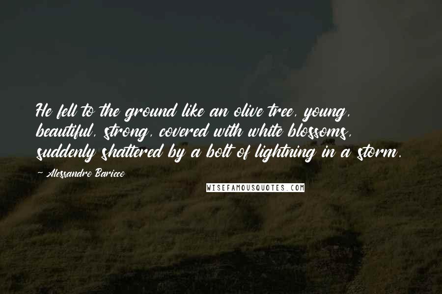 Alessandro Baricco Quotes: He fell to the ground like an olive tree, young, beautiful, strong, covered with white blossoms, suddenly shattered by a bolt of lightning in a storm.