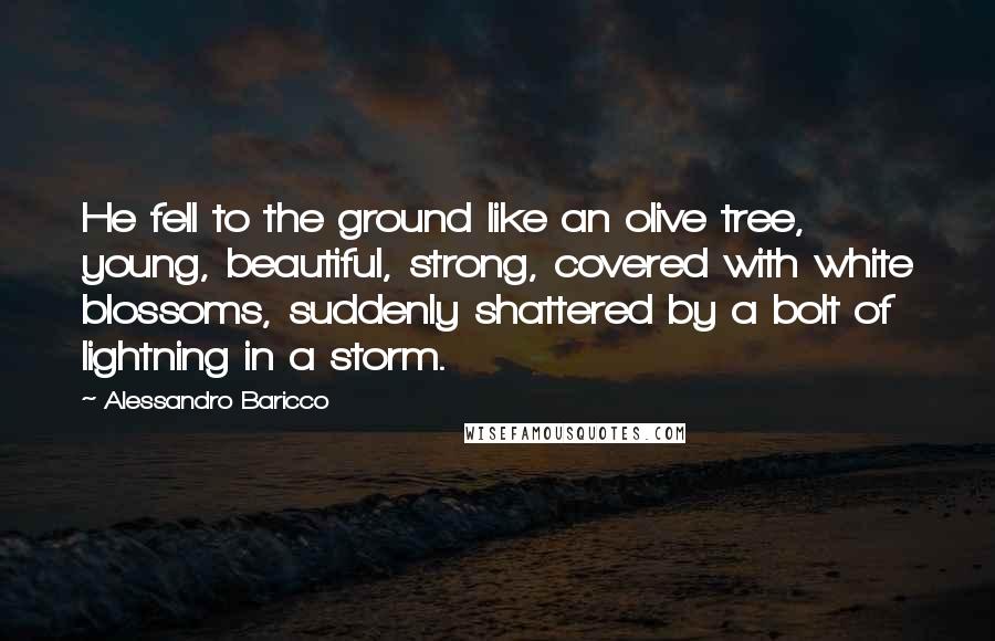 Alessandro Baricco Quotes: He fell to the ground like an olive tree, young, beautiful, strong, covered with white blossoms, suddenly shattered by a bolt of lightning in a storm.