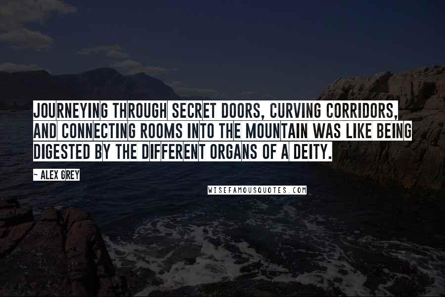 Alex Grey Quotes: Journeying through secret doors, curving corridors, and connecting rooms into the mountain was like being digested by the different organs of a deity.