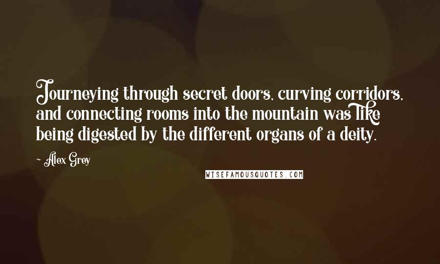 Alex Grey Quotes: Journeying through secret doors, curving corridors, and connecting rooms into the mountain was like being digested by the different organs of a deity.