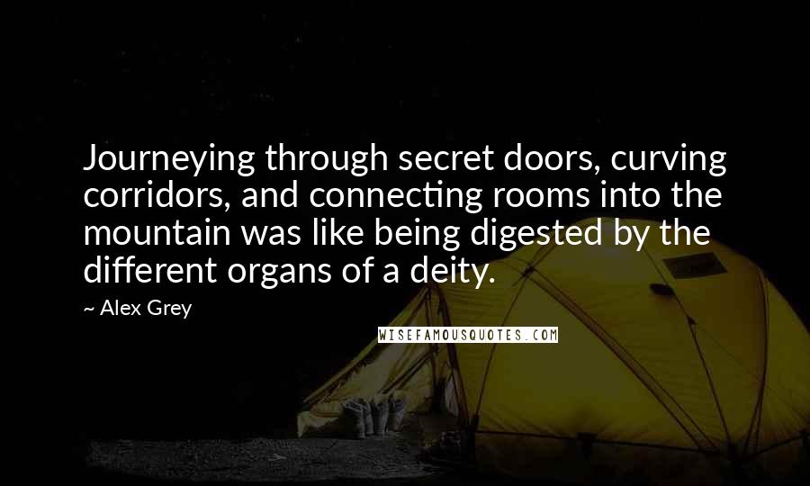 Alex Grey Quotes: Journeying through secret doors, curving corridors, and connecting rooms into the mountain was like being digested by the different organs of a deity.