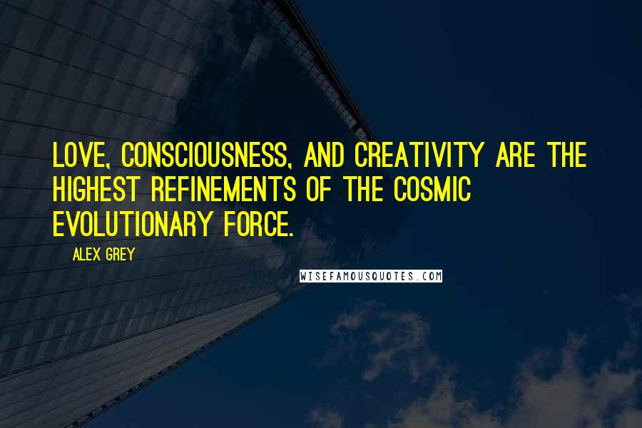 Alex Grey Quotes: Love, consciousness, and creativity are the highest refinements of the cosmic evolutionary force.