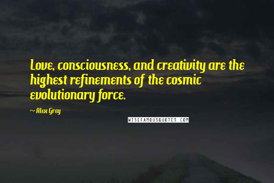 Alex Grey Quotes: Love, consciousness, and creativity are the highest refinements of the cosmic evolutionary force.