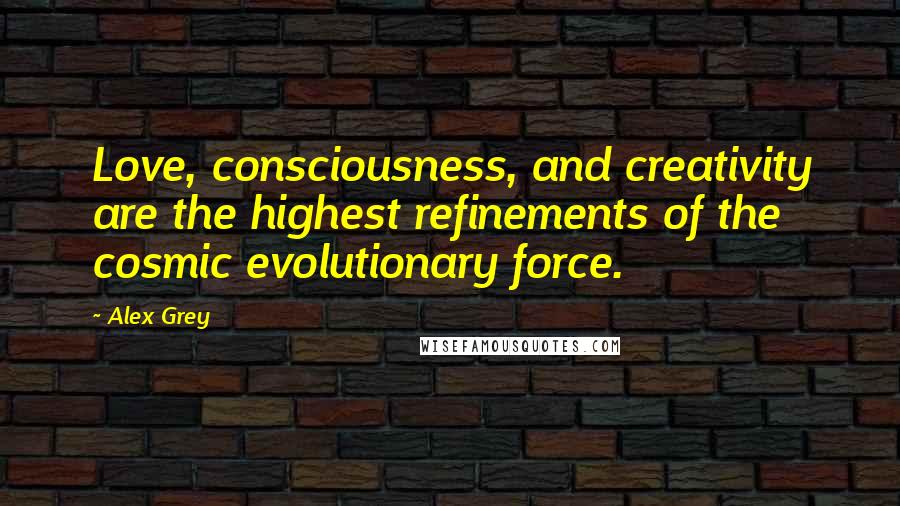 Alex Grey Quotes: Love, consciousness, and creativity are the highest refinements of the cosmic evolutionary force.