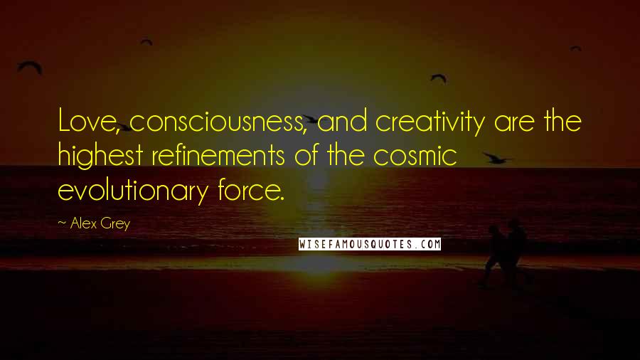 Alex Grey Quotes: Love, consciousness, and creativity are the highest refinements of the cosmic evolutionary force.