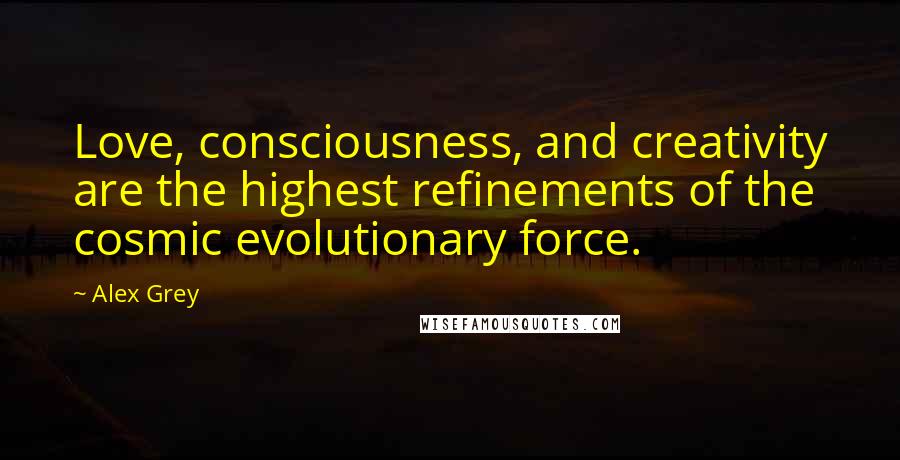 Alex Grey Quotes: Love, consciousness, and creativity are the highest refinements of the cosmic evolutionary force.