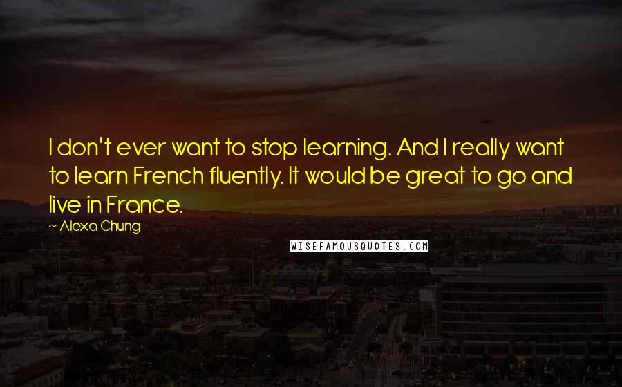 Alexa Chung Quotes: I don't ever want to stop learning. And I really want to learn French fluently. It would be great to go and live in France.