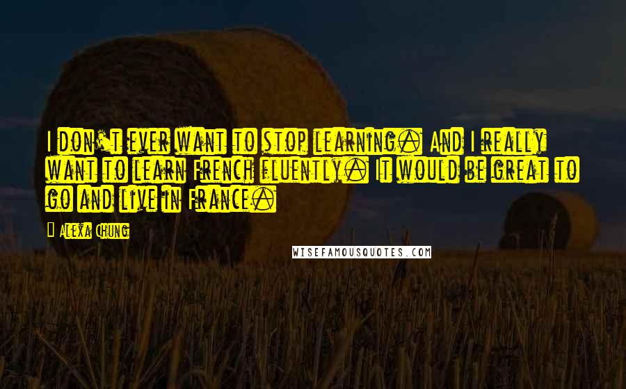 Alexa Chung Quotes: I don't ever want to stop learning. And I really want to learn French fluently. It would be great to go and live in France.