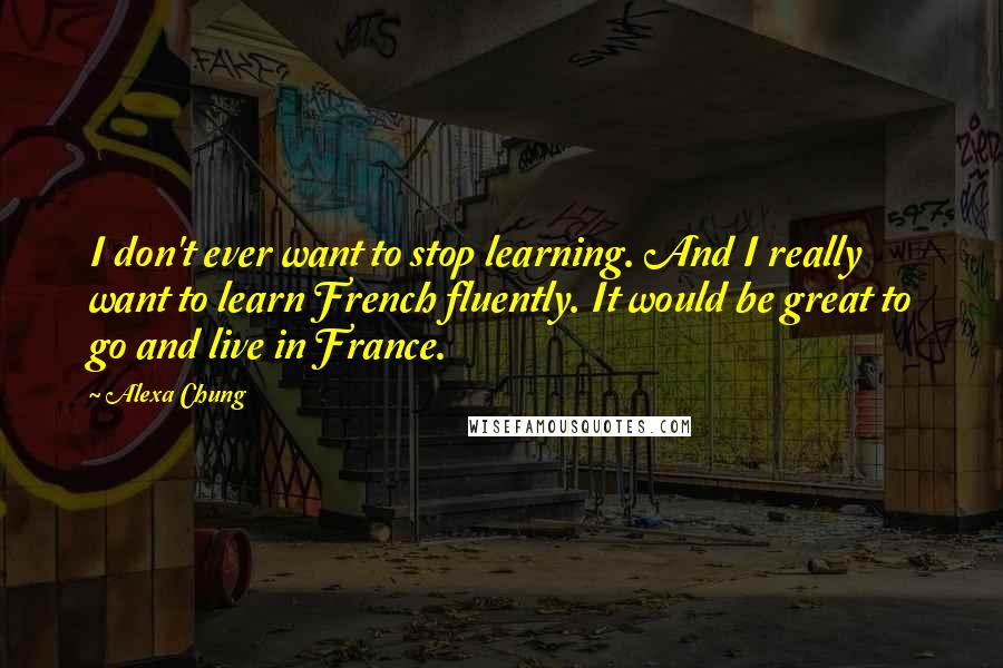 Alexa Chung Quotes: I don't ever want to stop learning. And I really want to learn French fluently. It would be great to go and live in France.