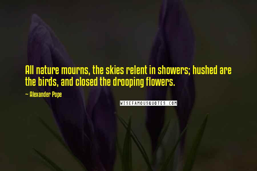 Alexander Pope Quotes: All nature mourns, the skies relent in showers; hushed are the birds, and closed the drooping flowers.