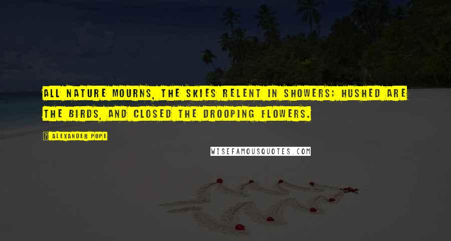 Alexander Pope Quotes: All nature mourns, the skies relent in showers; hushed are the birds, and closed the drooping flowers.