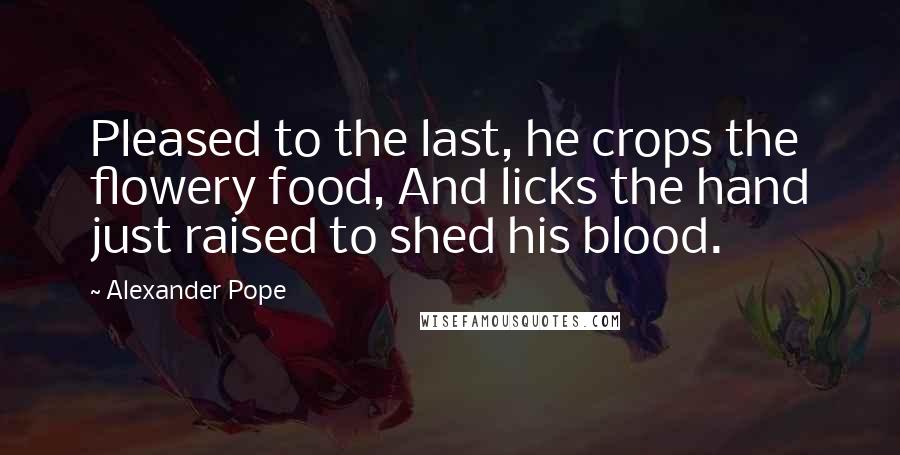 Alexander Pope Quotes: Pleased to the last, he crops the flowery food, And licks the hand just raised to shed his blood.