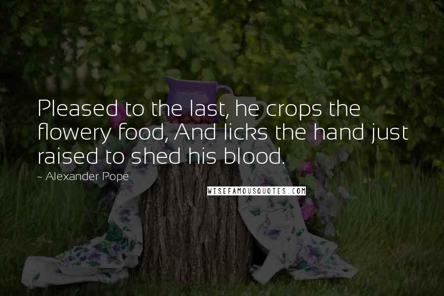 Alexander Pope Quotes: Pleased to the last, he crops the flowery food, And licks the hand just raised to shed his blood.