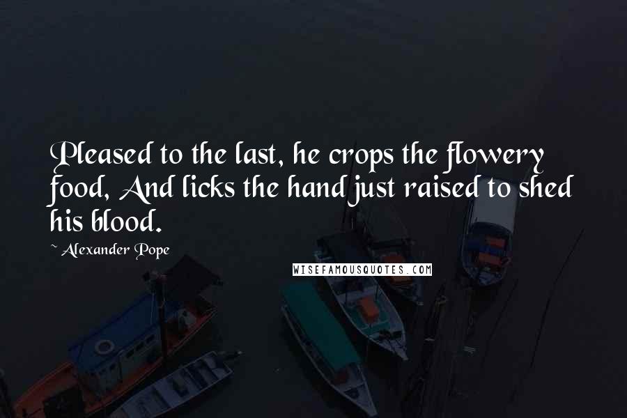 Alexander Pope Quotes: Pleased to the last, he crops the flowery food, And licks the hand just raised to shed his blood.