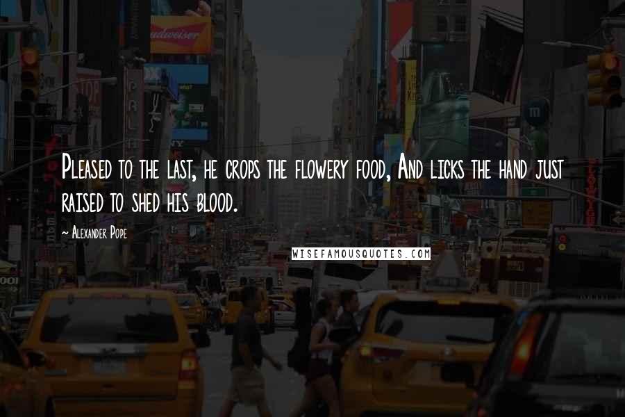 Alexander Pope Quotes: Pleased to the last, he crops the flowery food, And licks the hand just raised to shed his blood.