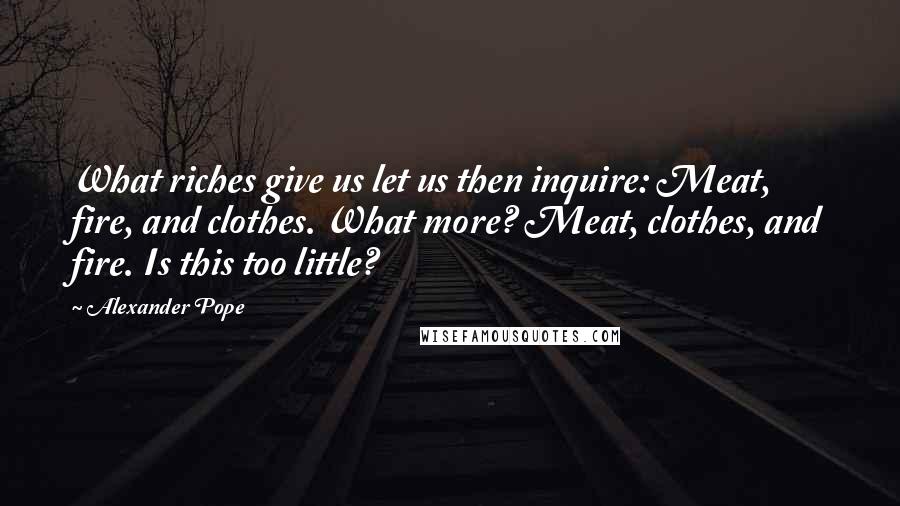 Alexander Pope Quotes: What riches give us let us then inquire: Meat, fire, and clothes. What more? Meat, clothes, and fire. Is this too little?