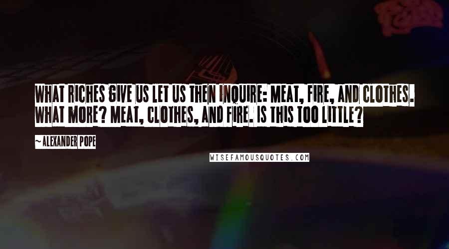 Alexander Pope Quotes: What riches give us let us then inquire: Meat, fire, and clothes. What more? Meat, clothes, and fire. Is this too little?