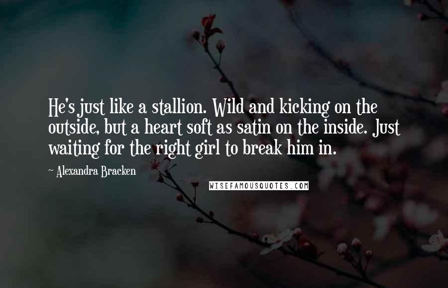 Alexandra Bracken Quotes: He's just like a stallion. Wild and kicking on the outside, but a heart soft as satin on the inside. Just waiting for the right girl to break him in.