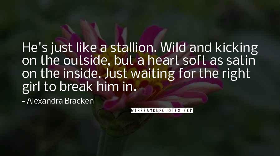 Alexandra Bracken Quotes: He's just like a stallion. Wild and kicking on the outside, but a heart soft as satin on the inside. Just waiting for the right girl to break him in.