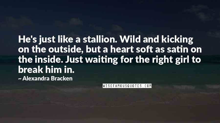 Alexandra Bracken Quotes: He's just like a stallion. Wild and kicking on the outside, but a heart soft as satin on the inside. Just waiting for the right girl to break him in.