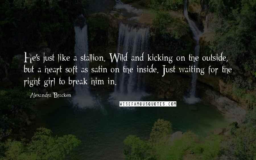 Alexandra Bracken Quotes: He's just like a stallion. Wild and kicking on the outside, but a heart soft as satin on the inside. Just waiting for the right girl to break him in.