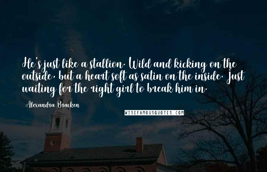 Alexandra Bracken Quotes: He's just like a stallion. Wild and kicking on the outside, but a heart soft as satin on the inside. Just waiting for the right girl to break him in.