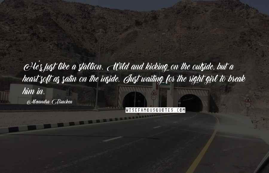 Alexandra Bracken Quotes: He's just like a stallion. Wild and kicking on the outside, but a heart soft as satin on the inside. Just waiting for the right girl to break him in.