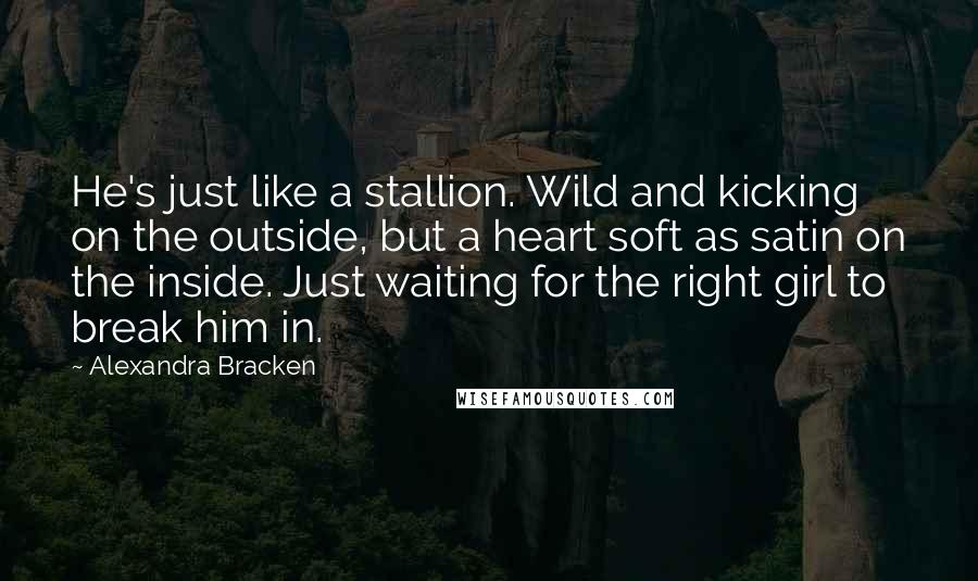 Alexandra Bracken Quotes: He's just like a stallion. Wild and kicking on the outside, but a heart soft as satin on the inside. Just waiting for the right girl to break him in.