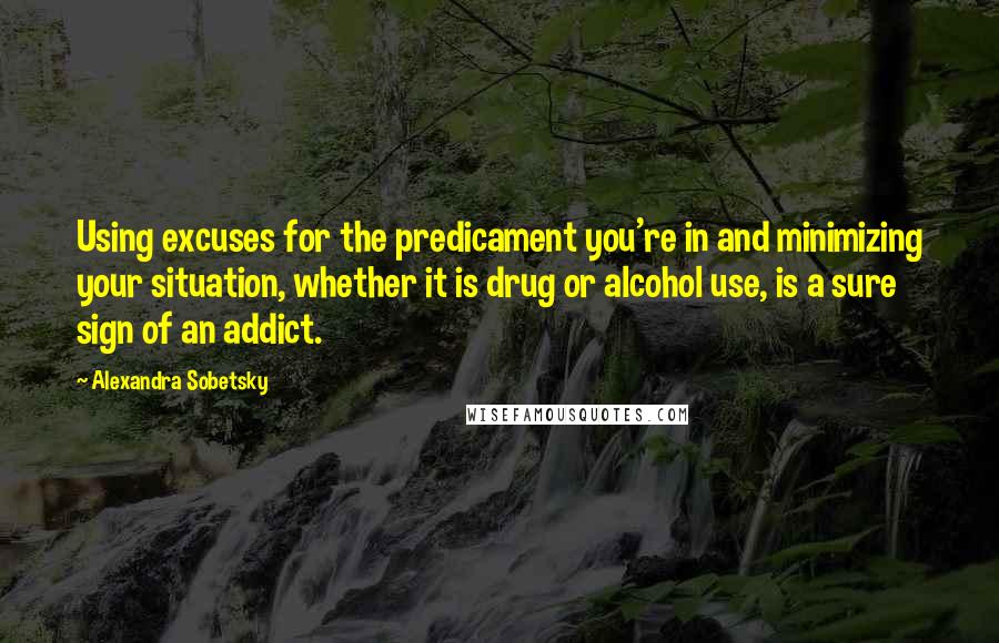 Alexandra Sobetsky Quotes: Using excuses for the predicament you're in and minimizing your situation, whether it is drug or alcohol use, is a sure sign of an addict.