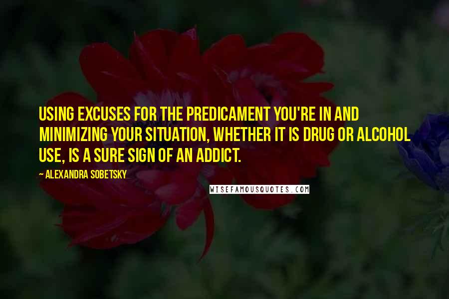 Alexandra Sobetsky Quotes: Using excuses for the predicament you're in and minimizing your situation, whether it is drug or alcohol use, is a sure sign of an addict.