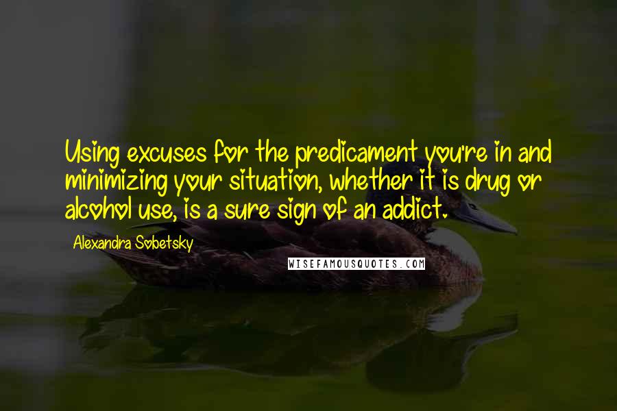 Alexandra Sobetsky Quotes: Using excuses for the predicament you're in and minimizing your situation, whether it is drug or alcohol use, is a sure sign of an addict.