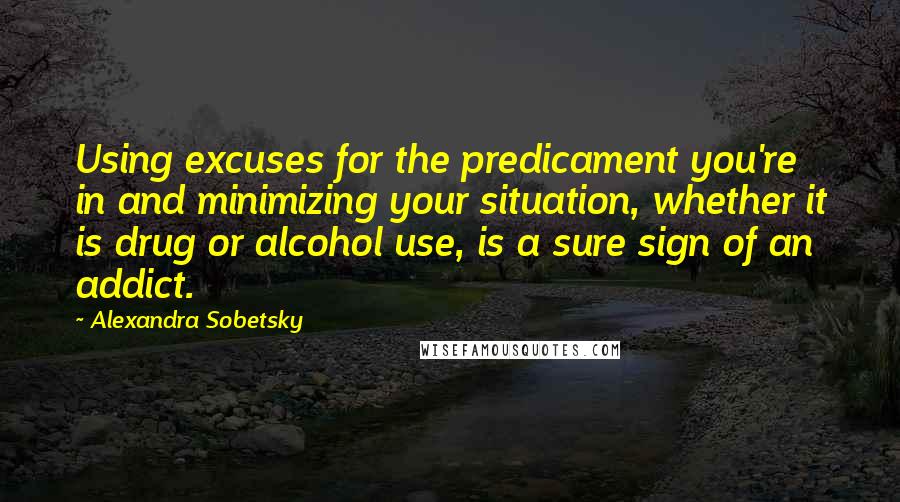 Alexandra Sobetsky Quotes: Using excuses for the predicament you're in and minimizing your situation, whether it is drug or alcohol use, is a sure sign of an addict.