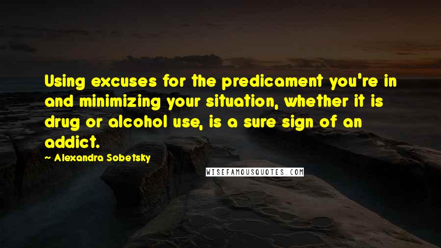 Alexandra Sobetsky Quotes: Using excuses for the predicament you're in and minimizing your situation, whether it is drug or alcohol use, is a sure sign of an addict.